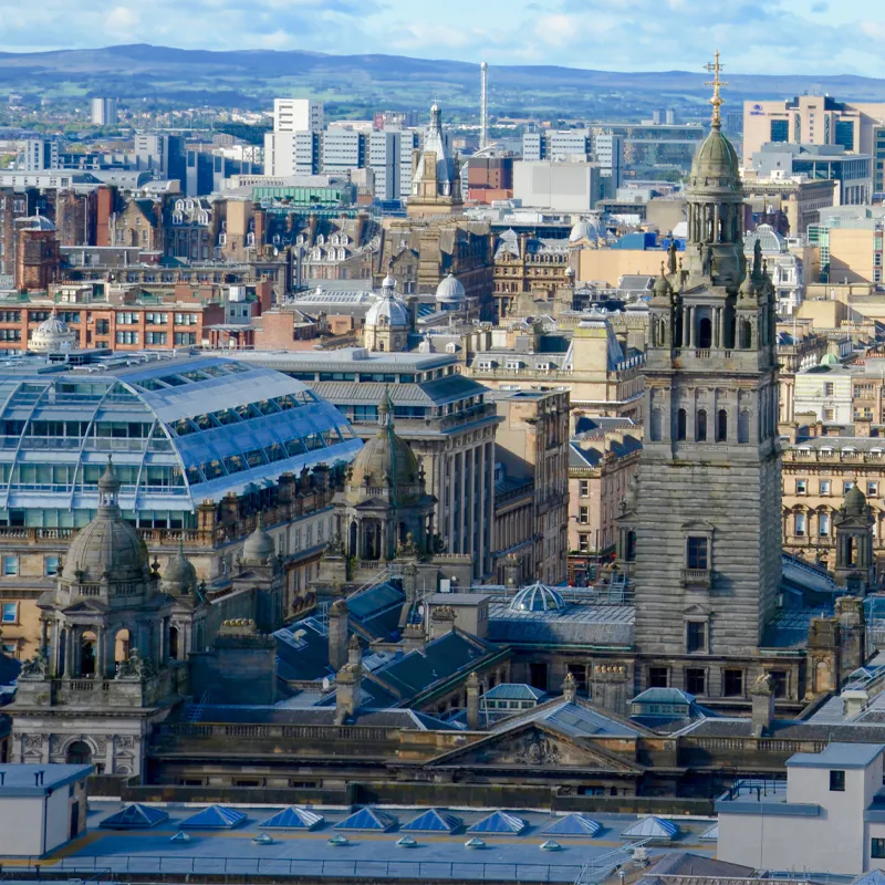 Glasgow city centre skyline showing Victorian architecture and government buildings.