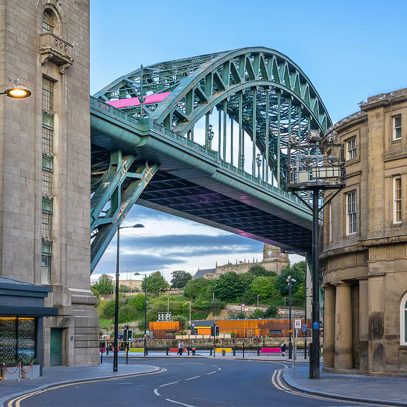 Tyne Bridge landmark in Newcastle city centre surrounded by classic Georgian architecture.