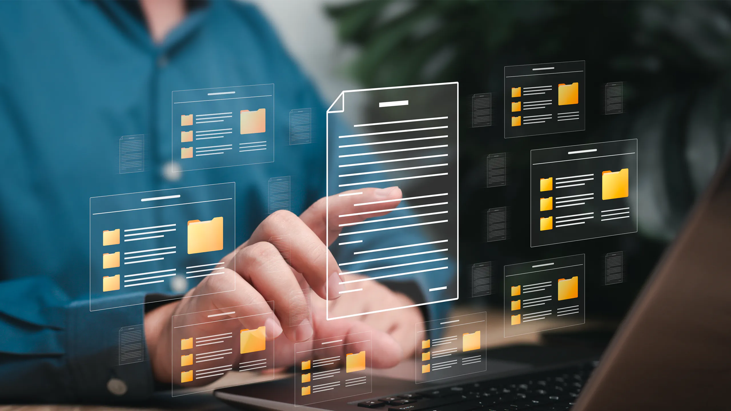 Hand interacting with a holographic interface of digital documents, showcasing document management solutions by Shine Business Solutions.