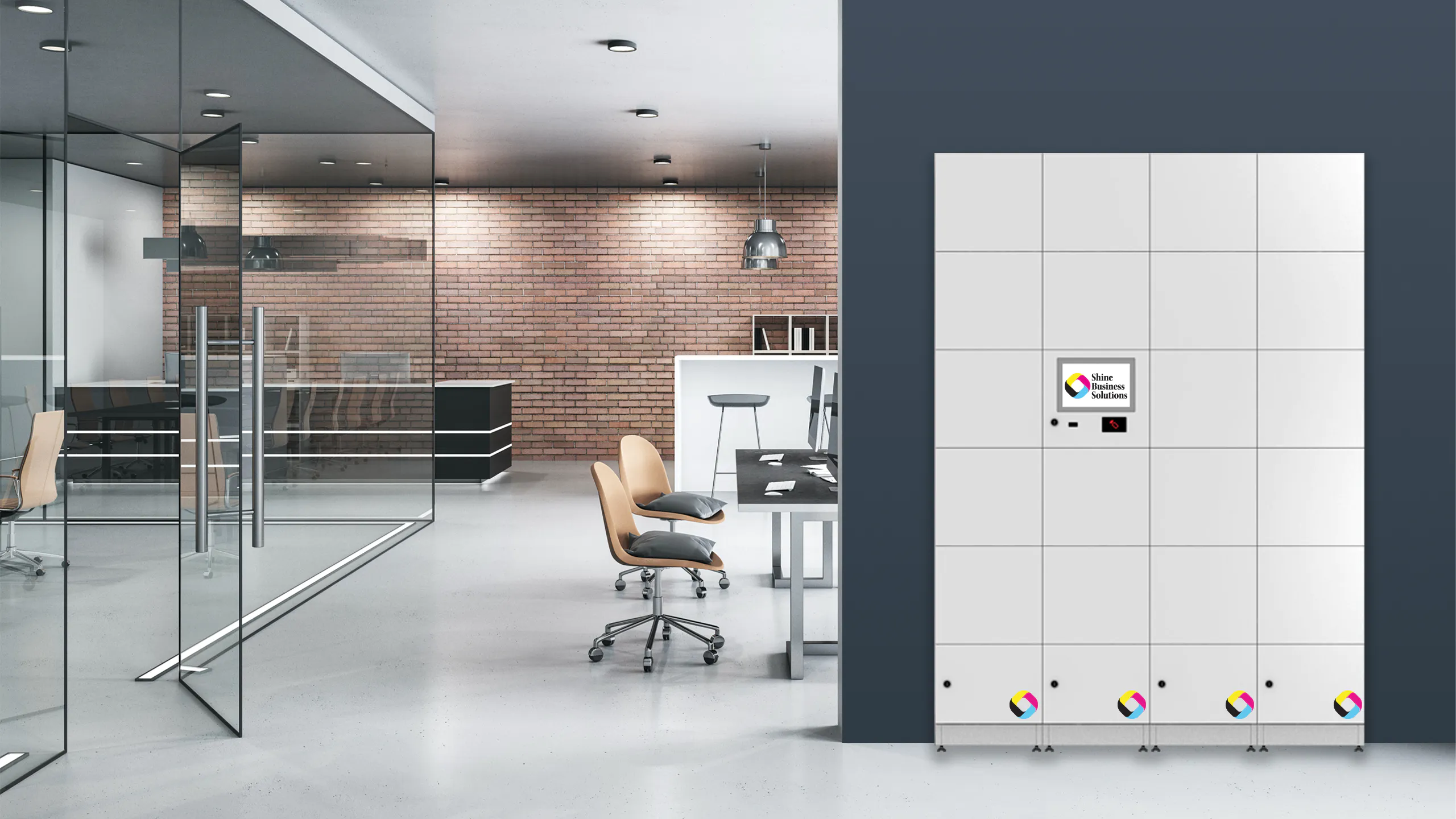Smart locker in a modern office with glass walls and a brick accent wall, featuring the Shine Business Solutions logo.
